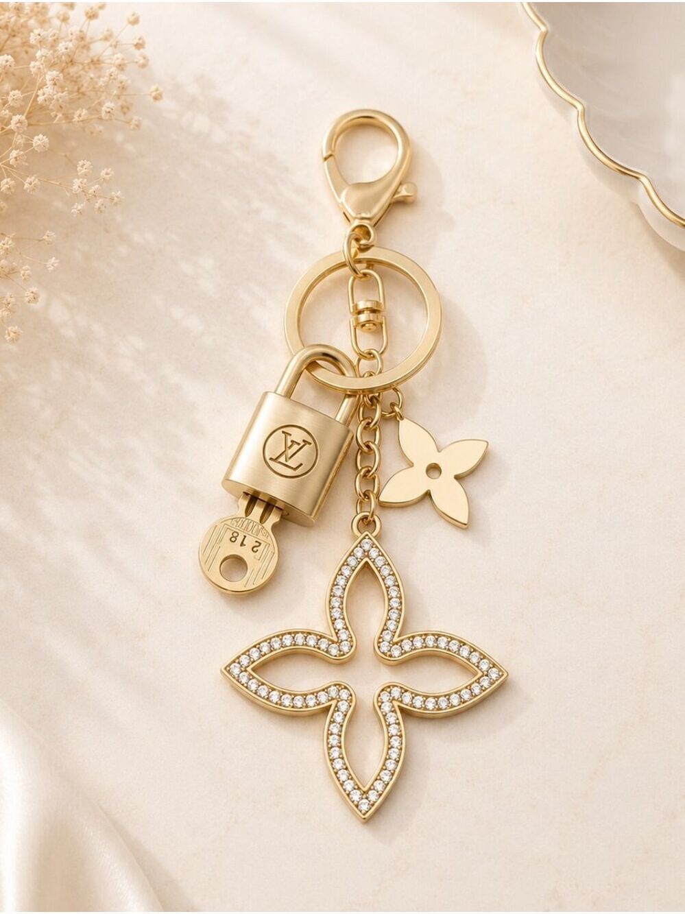 Authentic Louis Vuitton Lock & Key with Unbranded Clover Charm, Keychain